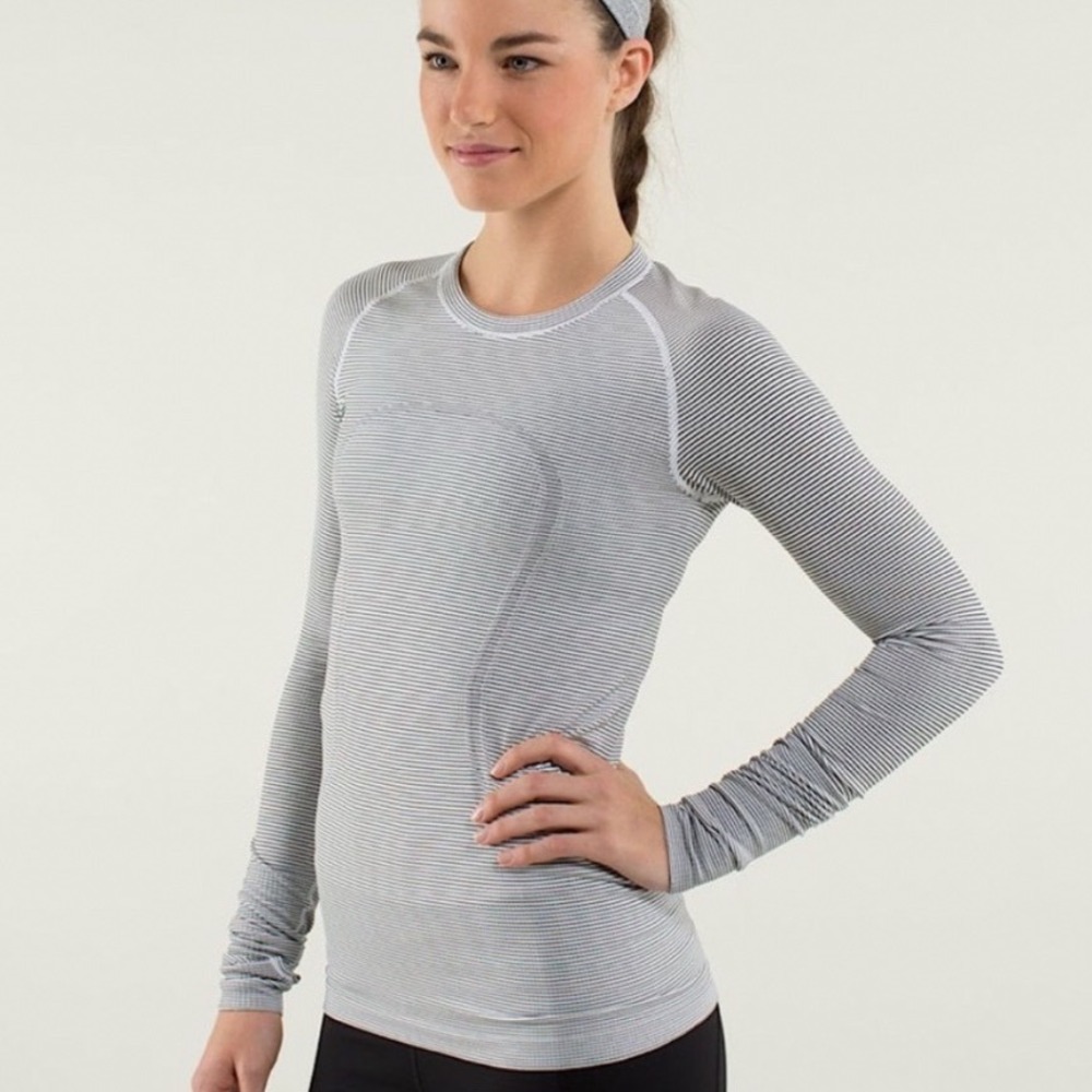 Lululemon | Women's Striped Gray Swiftly Tech Long Sleeve Crew Neck Top, Size 10